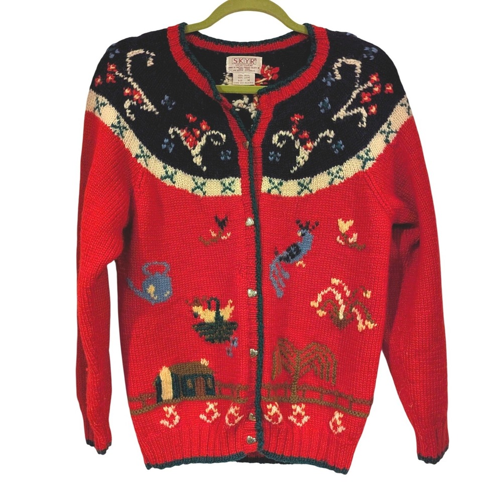 Skyr Wool Cardigan M Red Navy Heart Button Novelty Scenic Cottagecore Vintage